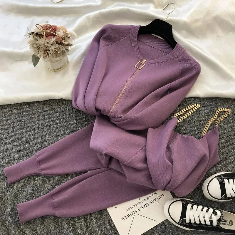 2024 New arrivals women long sleeve zipper cardigan and tank set sweater pants set women  3 piece cardigan set