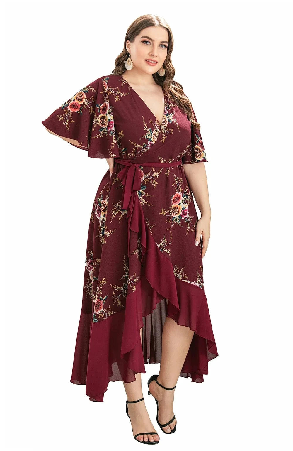 2024 New Arrivals women's v-neck ruffled irregular print dress