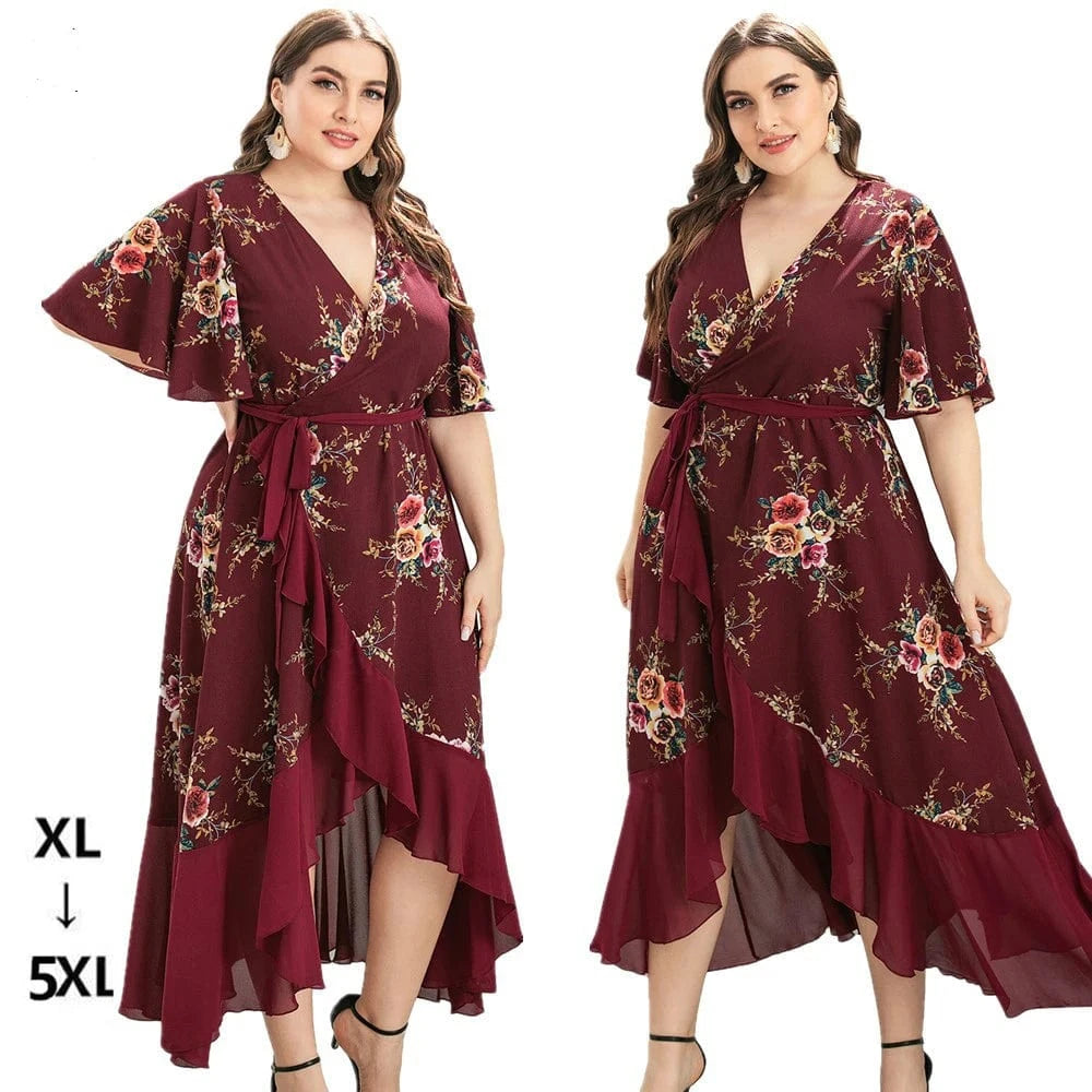 2024 New Arrivals women's v-neck ruffled irregular print dress