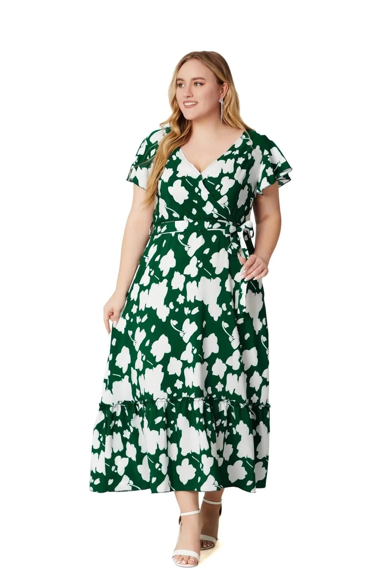 2024 New Arrivals women's v-neck short sleeve printed lace-up slit dress