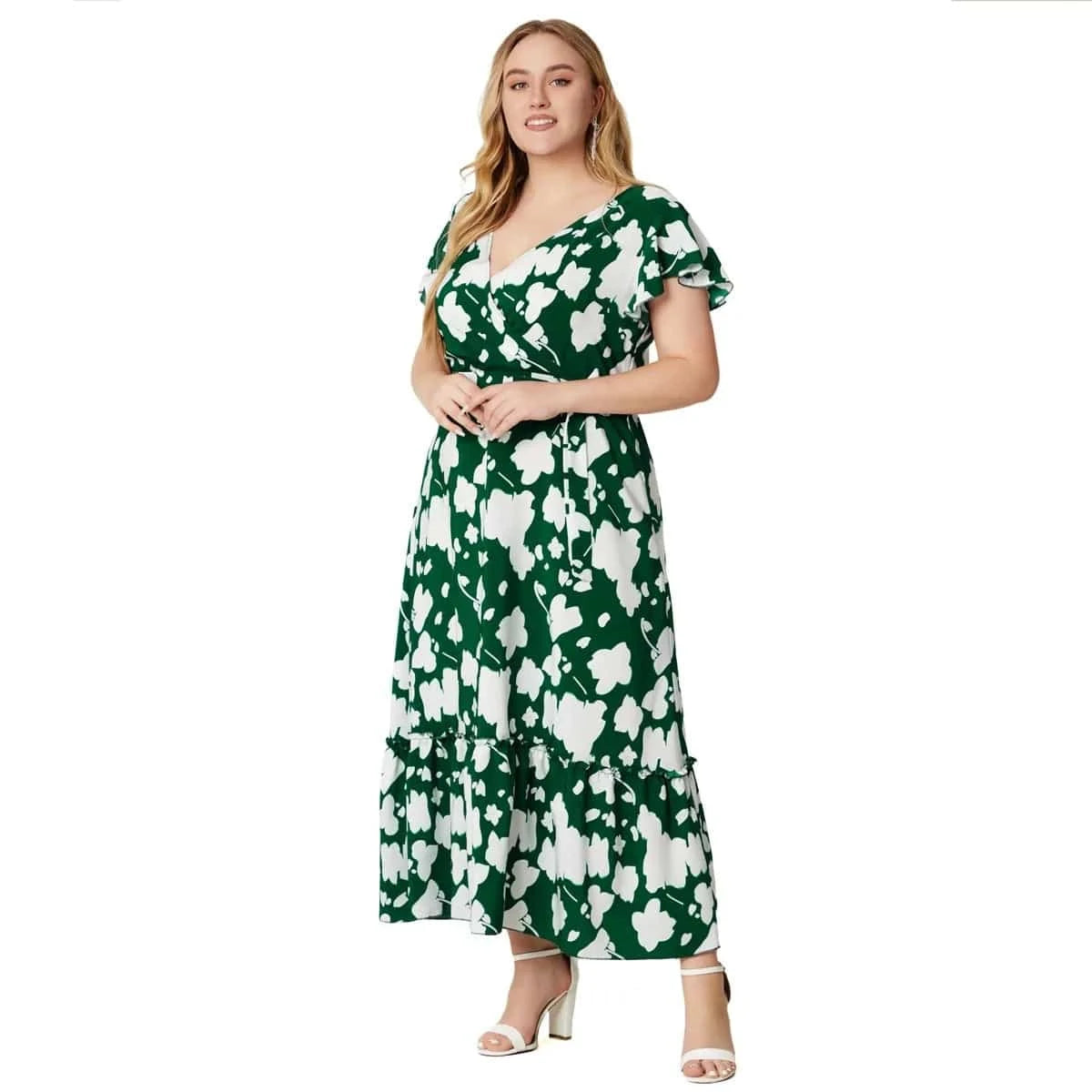2024 New Arrivals women's v-neck short sleeve printed lace-up slit dress