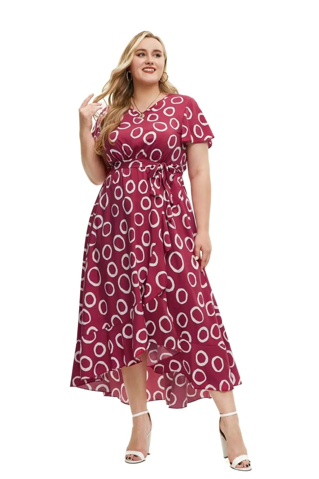 2024 New Arrivals women's v-neck short sleeve printed lace-up slit irregular dress