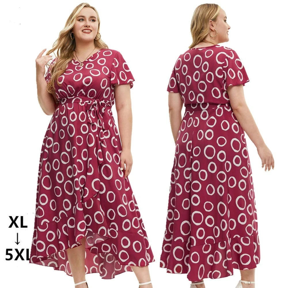 2024 New Arrivals women's v-neck short sleeve printed lace-up slit irregular dress