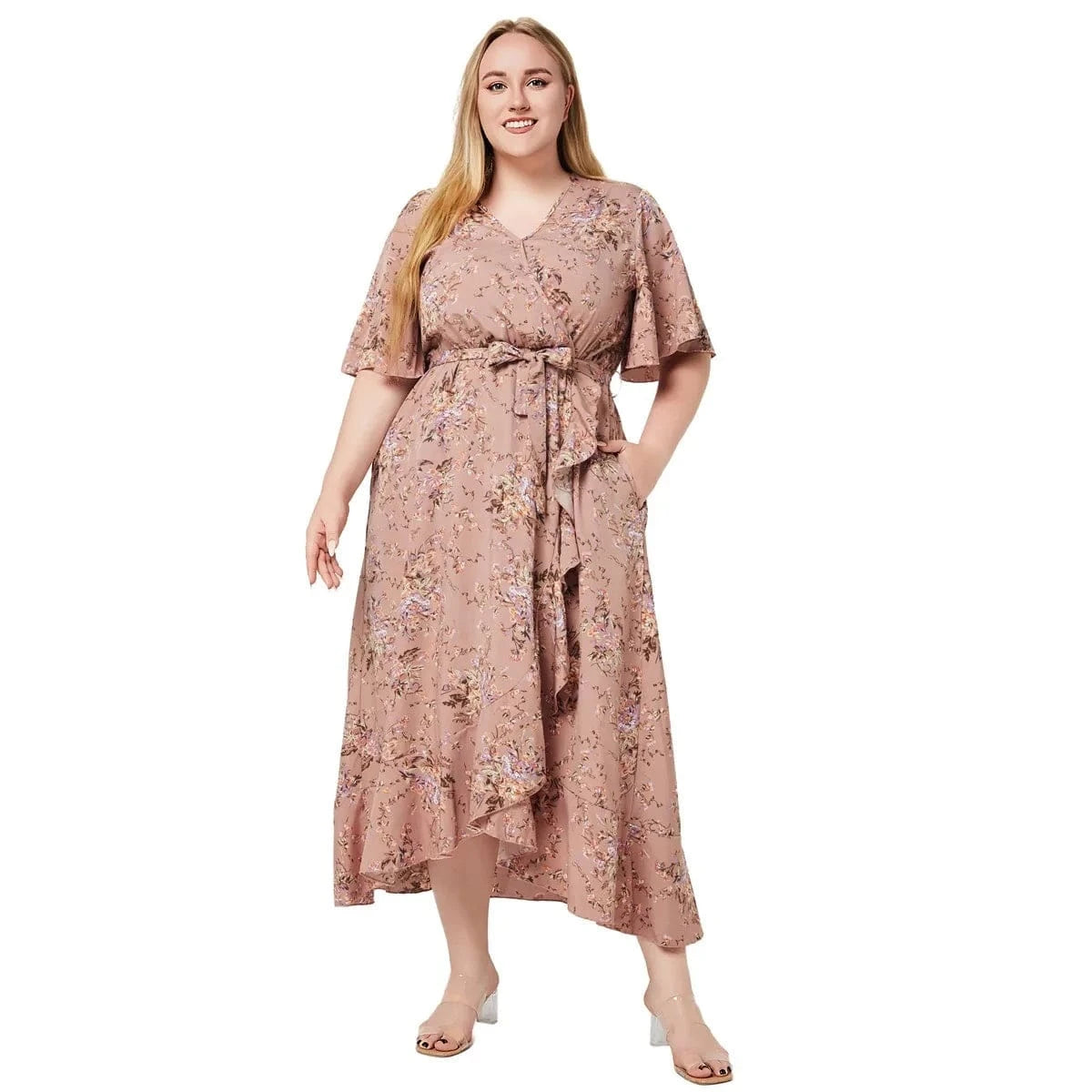 2024 New Arrivals women's v-neck short sleeve printed lace-up slit irregular dress