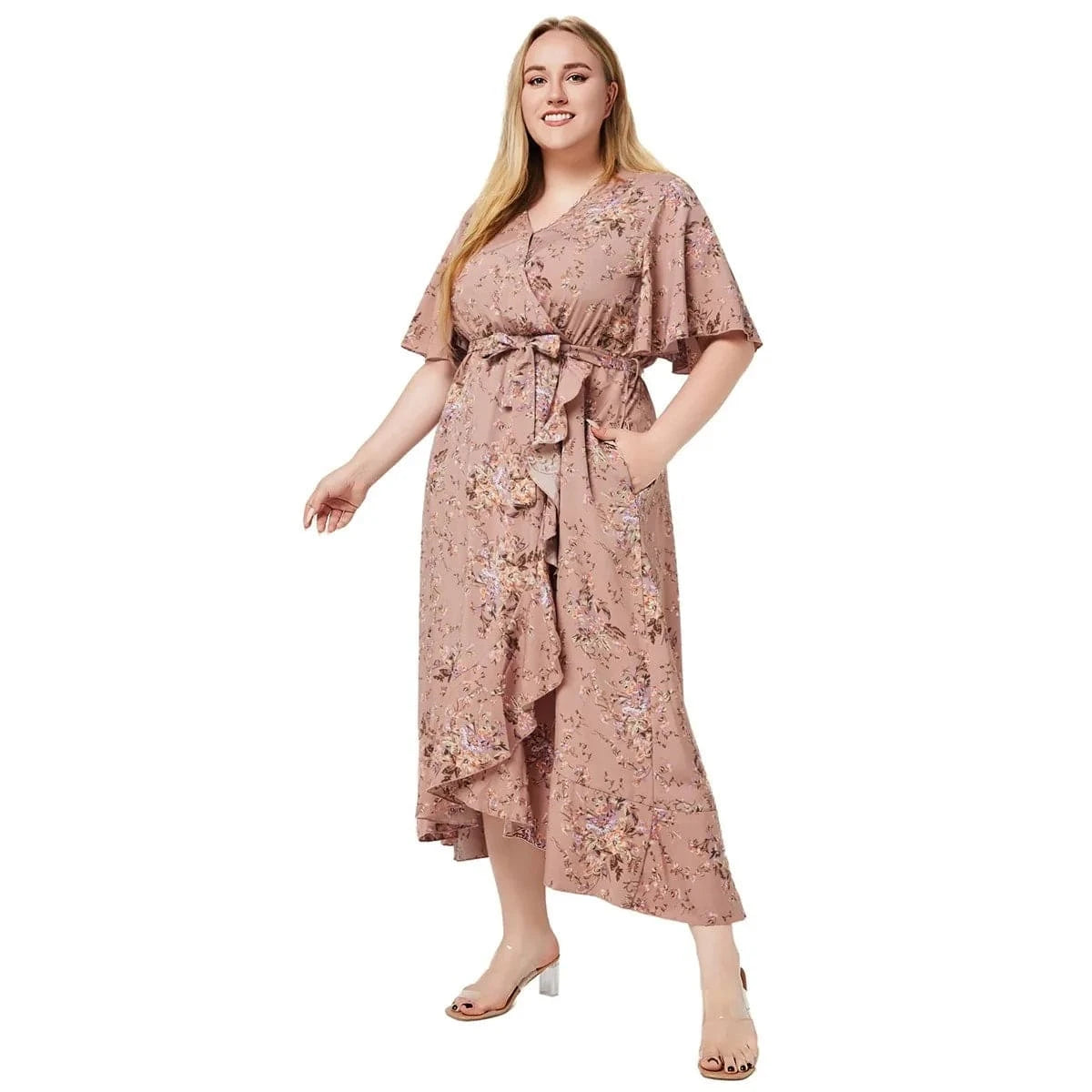 2024 New Arrivals women's v-neck short sleeve printed lace-up slit irregular dress