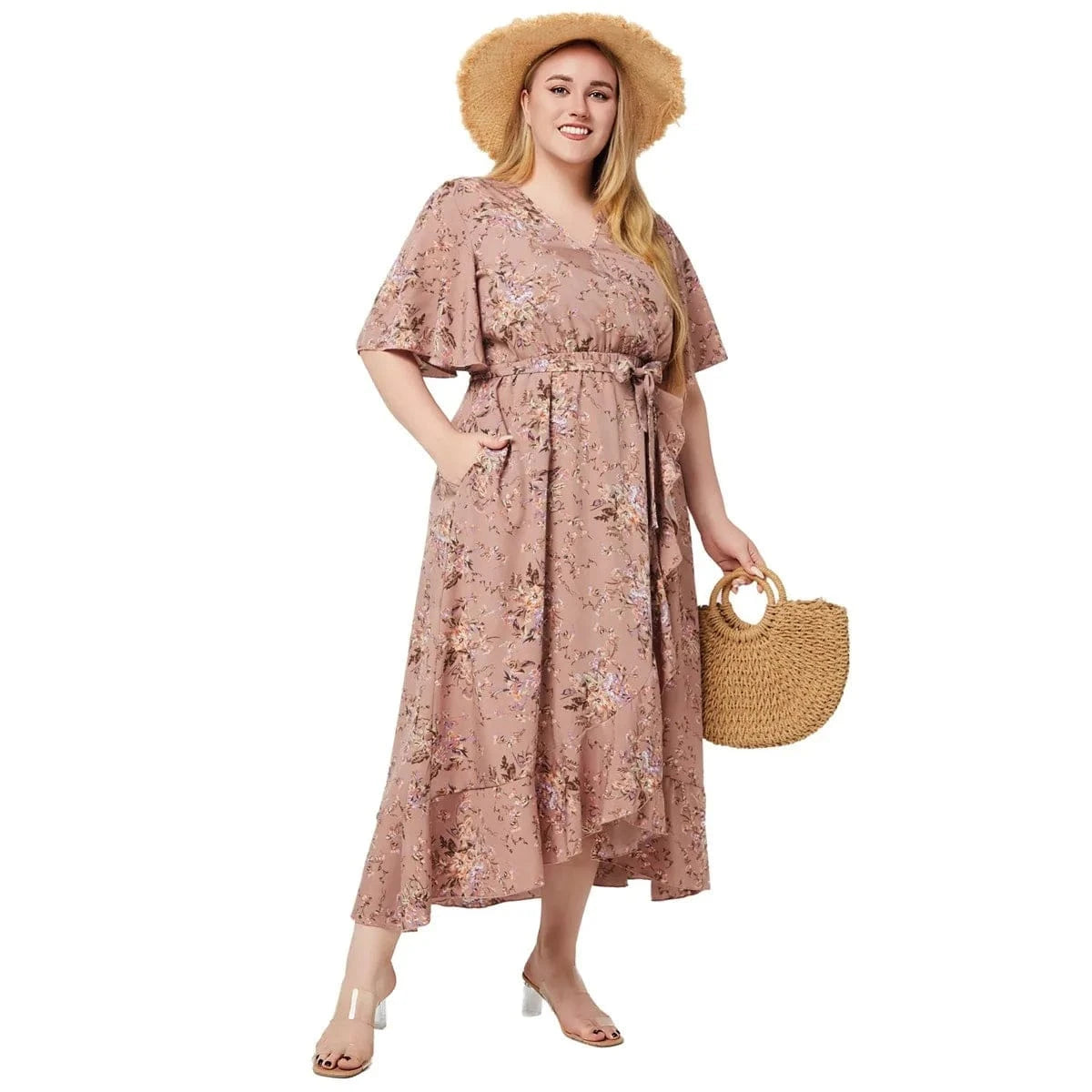 2024 New Arrivals women's v-neck short sleeve printed lace-up slit irregular dress