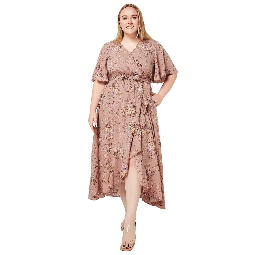2024 New Arrivals women's v-neck short sleeve printed lace-up slit irregular dress