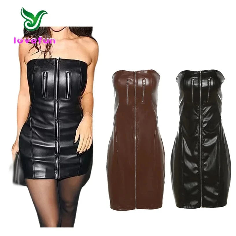 2024 New Arrivals Womens Pu Leather Tight Dress Sexy Strapless Mini Dress Nightclub Sleeveless Bodycon Dress