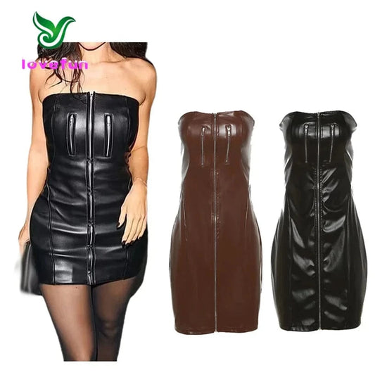 2024 New Arrivals Womens Pu Leather Tight Dress Sexy Strapless Mini Dress Nightclub Sleeveless Bodycon Dress