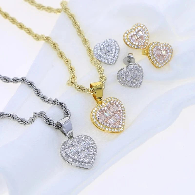 2024 New Arrived Bling Iced Out Fashion Women Jewelry Set Micro Pave 5A Cubic Zirconia CZ Heart Earring Necklace