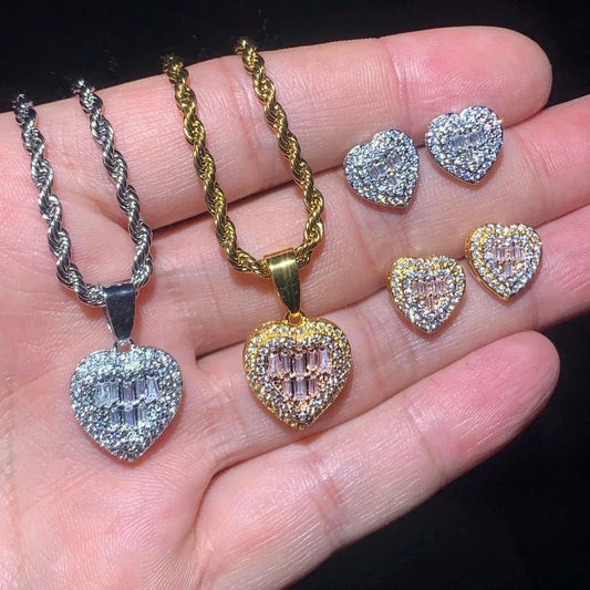 2024 New Arrived Bling Iced Out Fashion Women Jewelry Set Micro Pave 5A Cubic Zirconia CZ Heart Earring Necklace