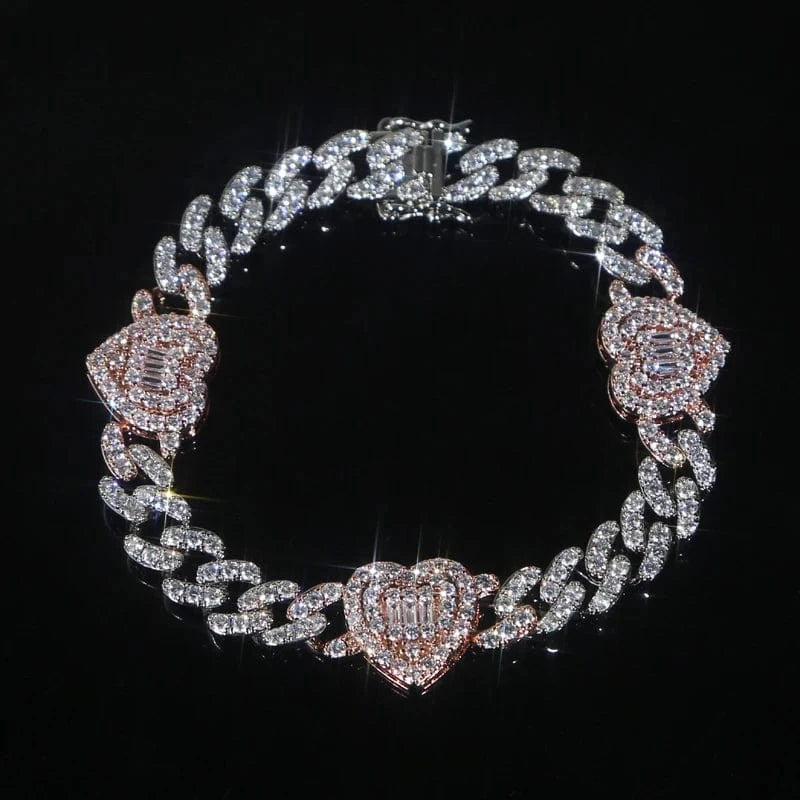 2024 New Arrived Valentine's Day Gift Full Paved Ice CZ Cuban Chain Heart Charm Bracelet For Women