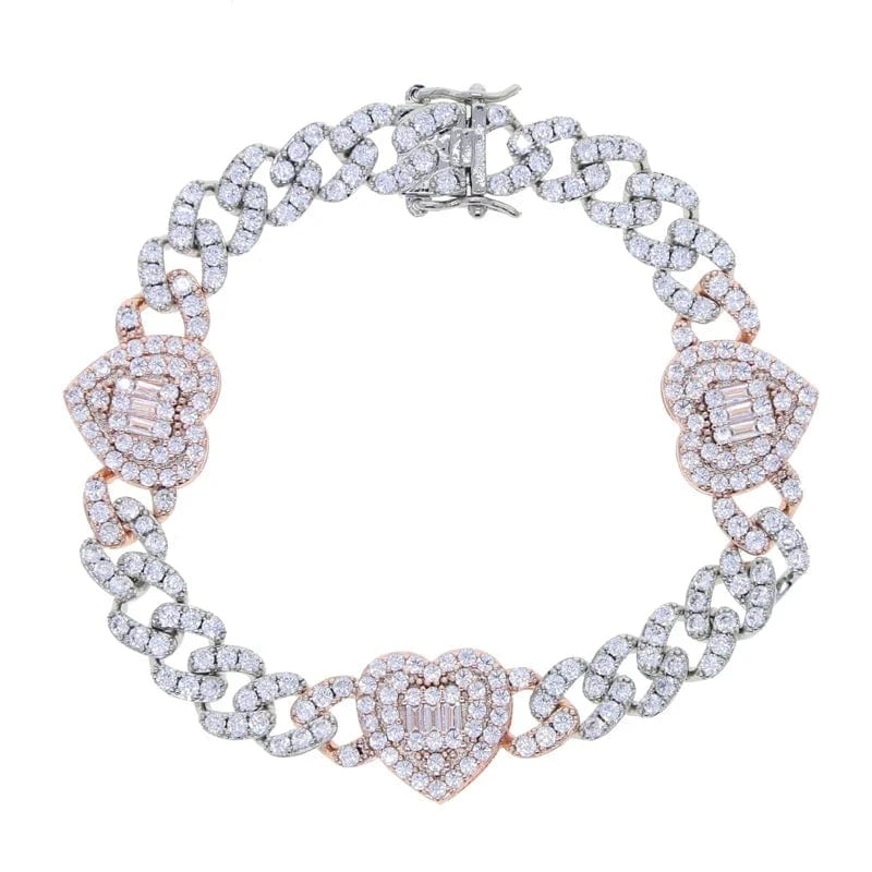 2024 New Arrived Valentine's Day Gift Full Paved Ice CZ Cuban Chain Heart Charm Bracelet For Women