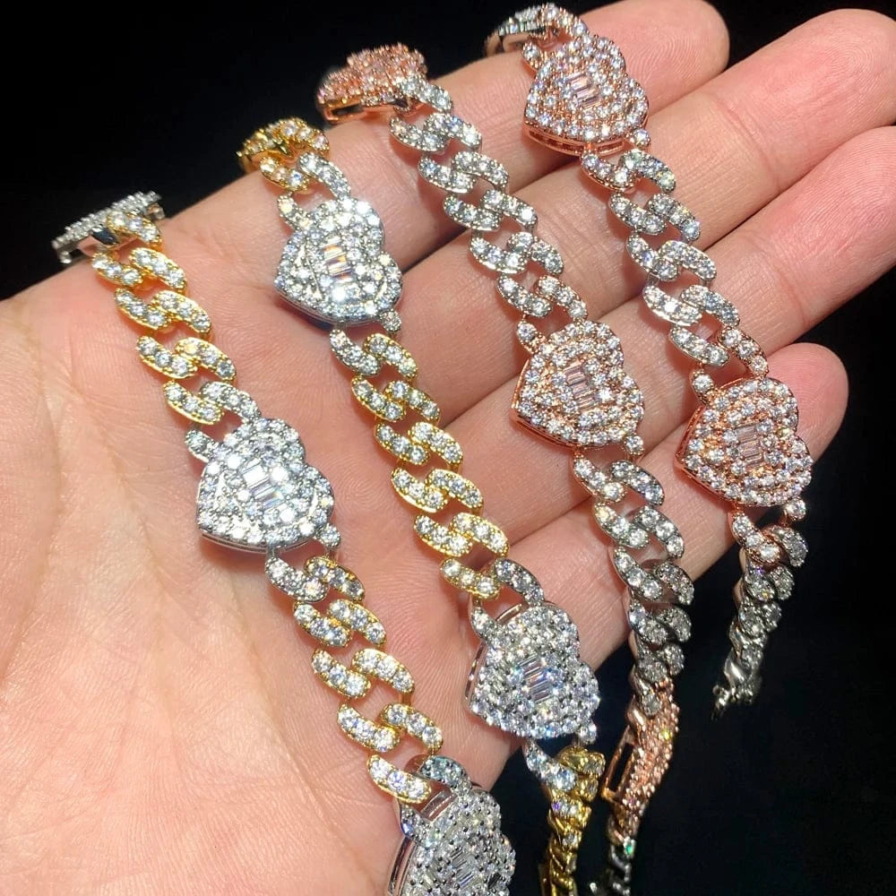 2024 New Arrived Valentine's Day Gift Full Paved Ice CZ Cuban Chain Heart Charm Bracelet For Women