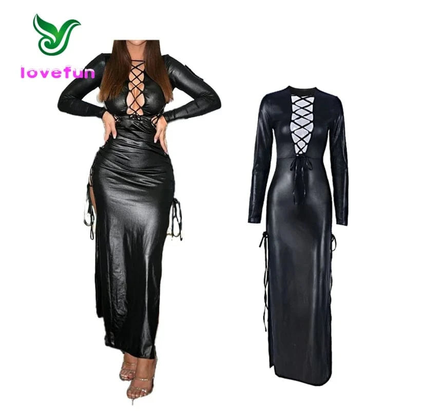 2024 New Arrvivals Women Sexy Split Long Dress Lace Up Hollow Out Dress Fashion Pu Leather Bodycon Dresses