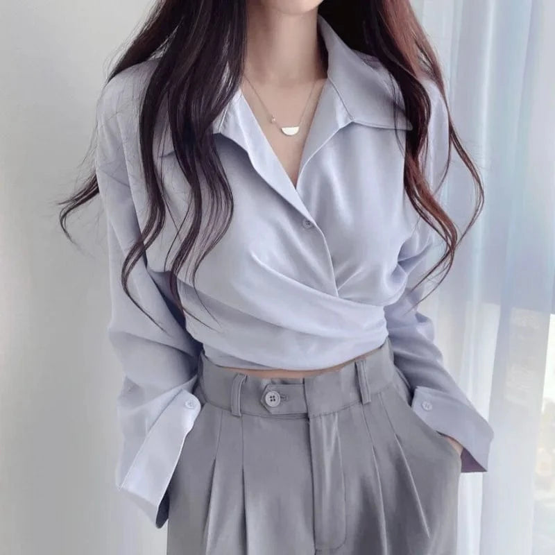 2024 New Autumn Age Reduction Retro Women's Casual Temperament Waist Slimming Lace-up Short Solid Color Shirt