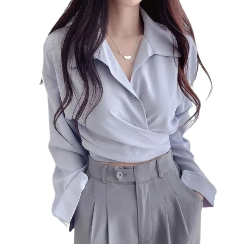 2024 New Autumn Age Reduction Retro Women's Casual Temperament Waist Slimming Lace-up Short Solid Color Shirt