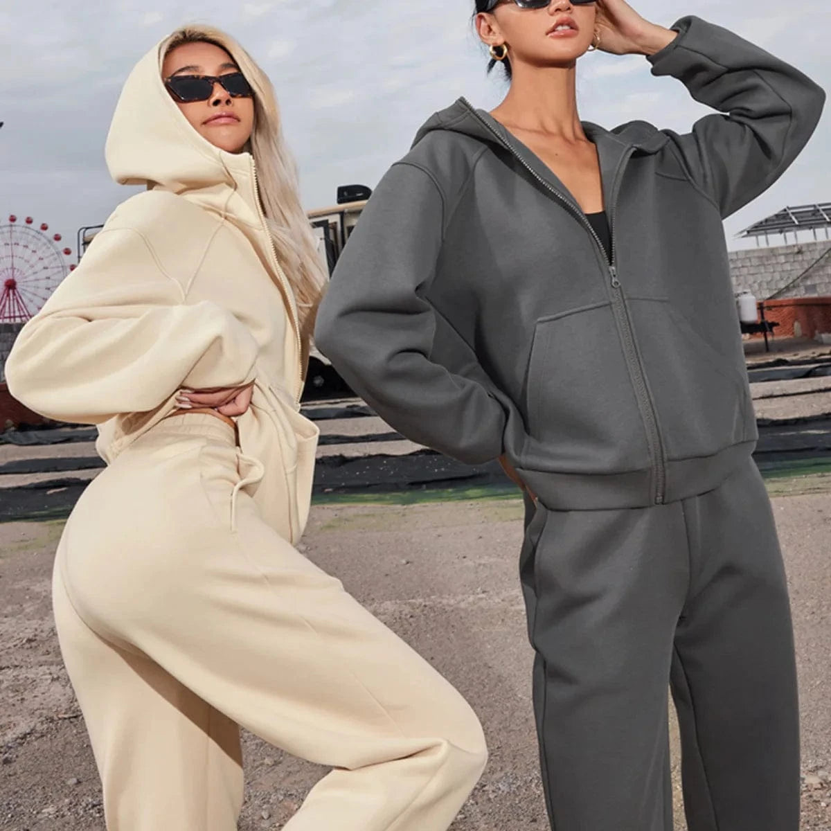 2024 new autumn and winter women's solid color hooded long-sleeved foot set sports two-piece set