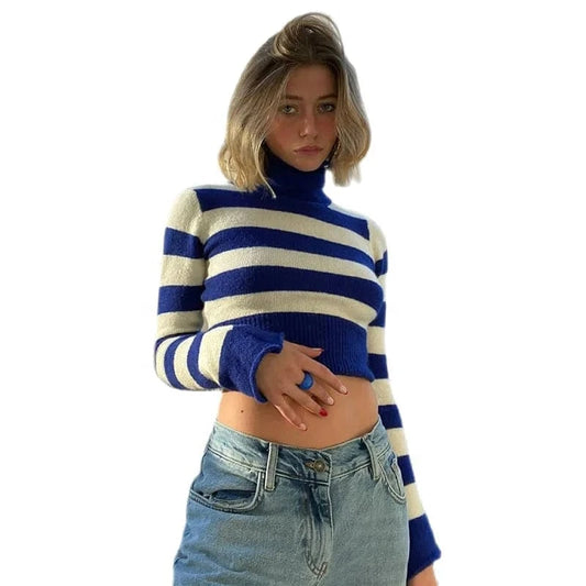 2024 New Autumn Women Knitted Sweater Striped Design Turtleneck Pullover Women Cropped Sweaters Casual Outfit