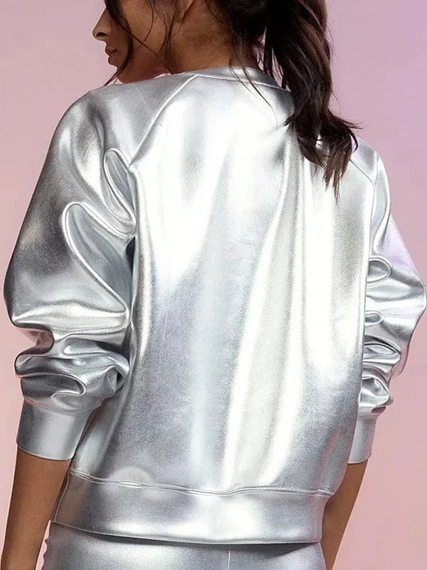 2024 New Autumn Women's Pullover Sweatshirt Silver Simple Casual Shirt Streertwear Female Long Sleeves Tops T-shirts