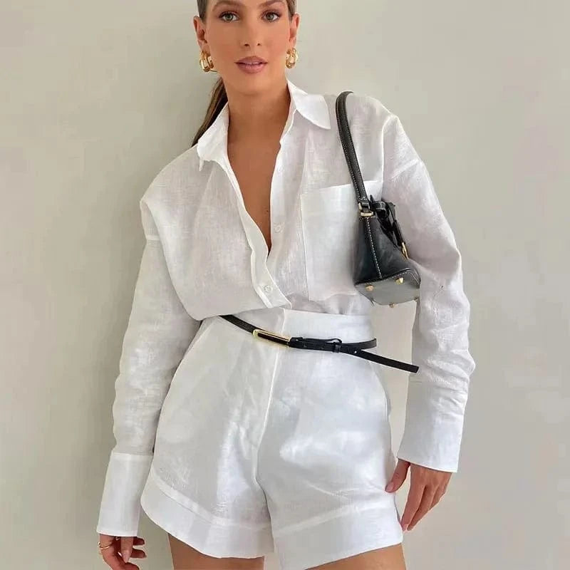 2024 New Chic Fashion Casual Short Suit Long Sleeved Blouse Shirt Solid Two Piece Set