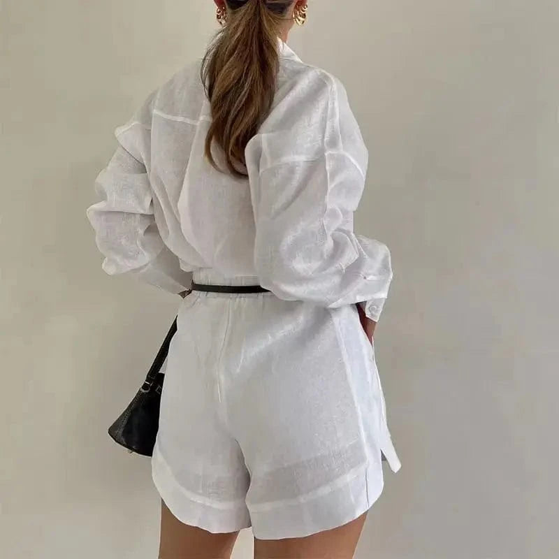 2024 New Chic Fashion Casual Short Suit Long Sleeved Blouse Shirt Solid Two Piece Set