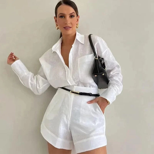 2024 New Chic Fashion Casual Short Suit Long Sleeved Blouse Shirt Solid Two Piece Set