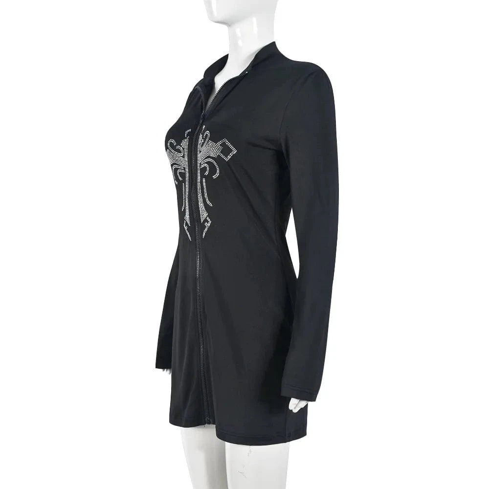 2024 New Cross Hot Diamond Sexy Long Sleeve Slim Fit Zipper Cardigan Bodycon Dress