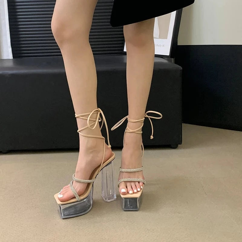 2024 New crystal heel waterproof strong rhinestone thin strap high heel women's sandals