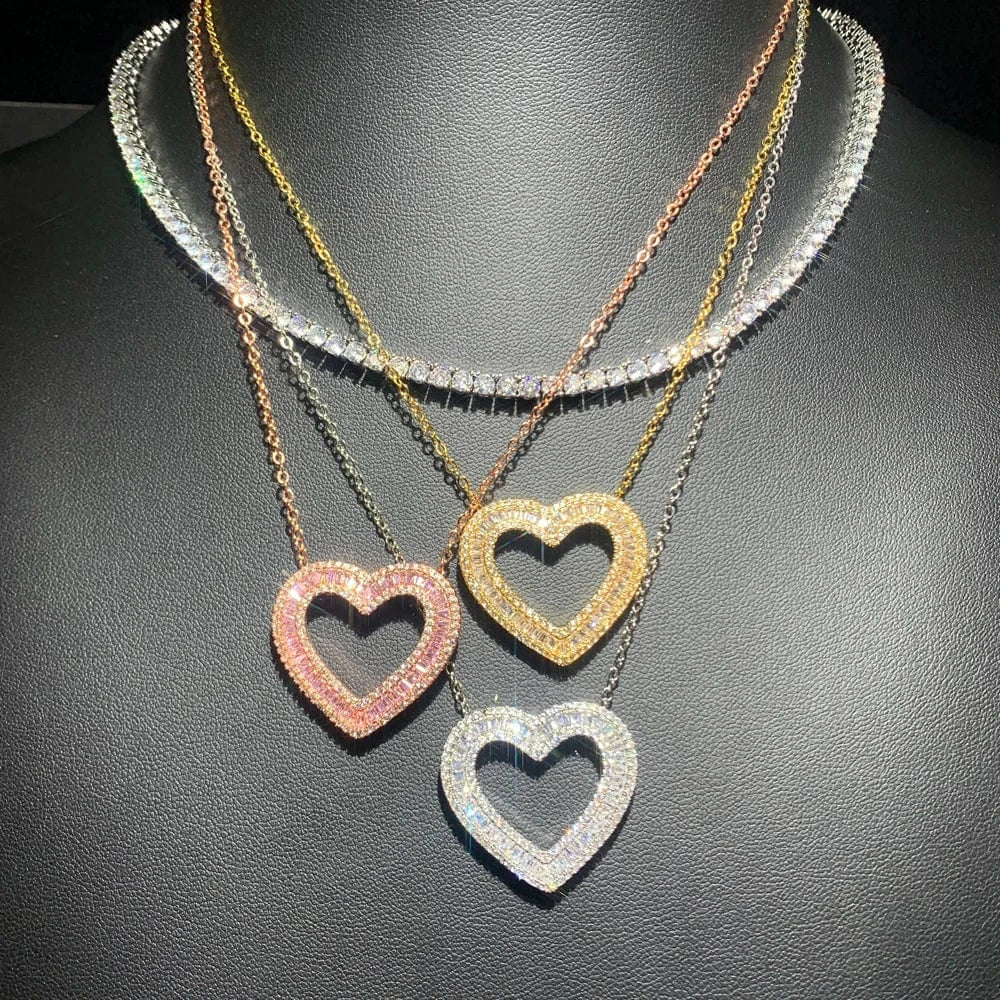 2024 New Design.3 Color Iced Out Bling Women Valentine Day Gift Jewelry Infinity Hollow Out Double Layer Heart Charm Necklace