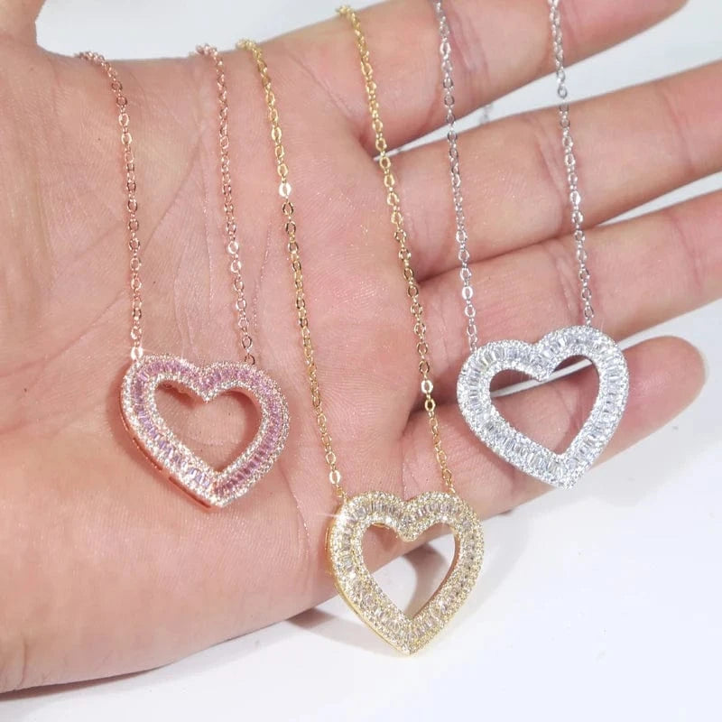 2024 New Design.3 Color Iced Out Bling Women Valentine Day Gift Jewelry Infinity Hollow Out Double Layer Heart Charm Necklace