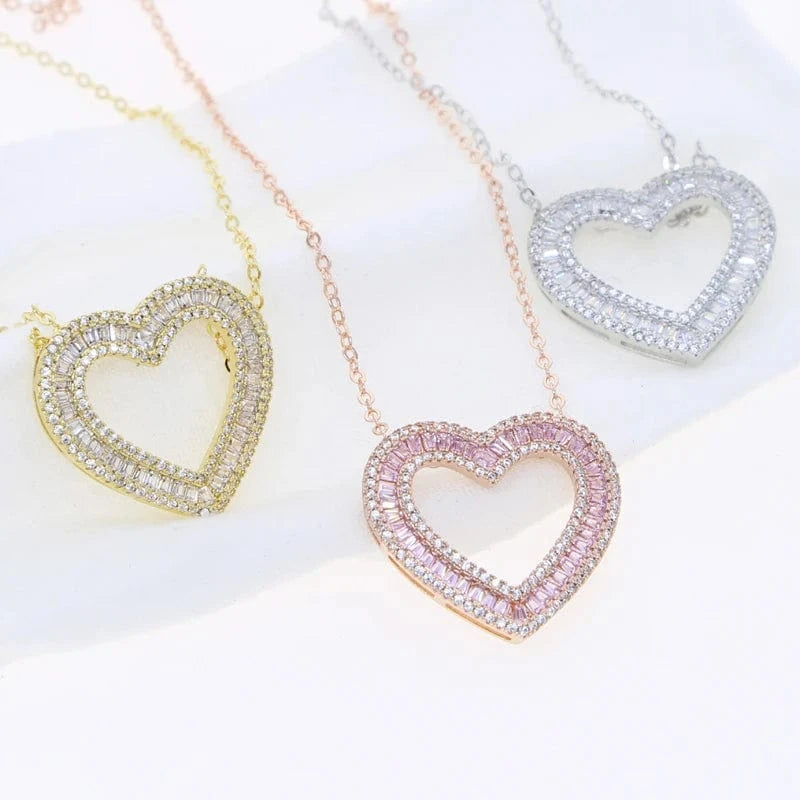 2024 New Design.3 Color Iced Out Bling Women Valentine Day Gift Jewelry Infinity Hollow Out Double Layer Heart Charm Necklace