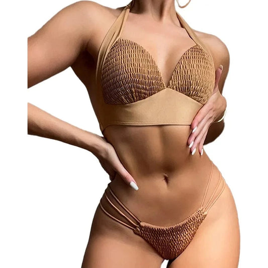 2024 new design brown fashion ribbing swimwear bandage seersucker jacquard swimsuit halter women bikinis & beachwear(old)