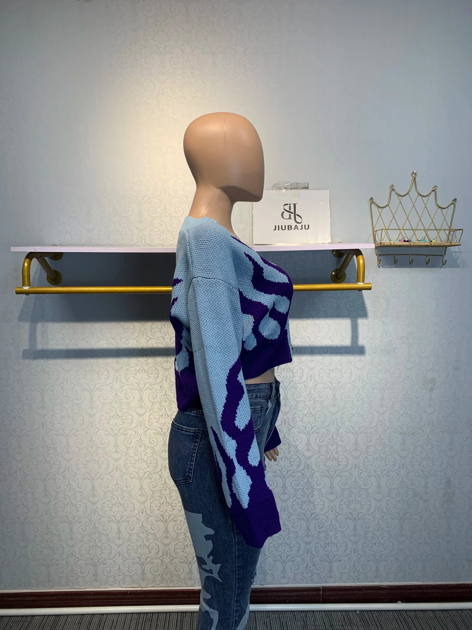 2024 New Design Crop Sweater Jacket Sexy V Neck Knitted Blue Long Sleeve Women Streetwear Sweater Top