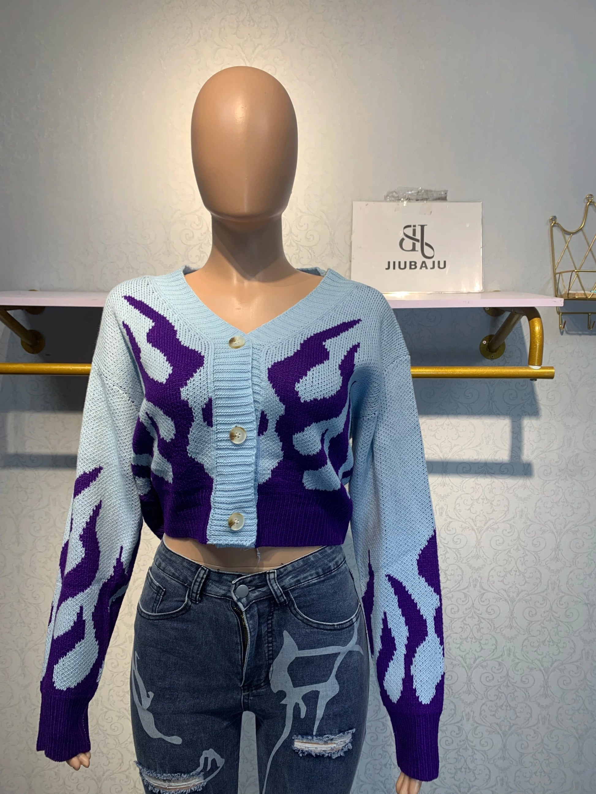 2024 New Design Crop Sweater Jacket Sexy V Neck Knitted Blue Long Sleeve Women Streetwear Sweater Top