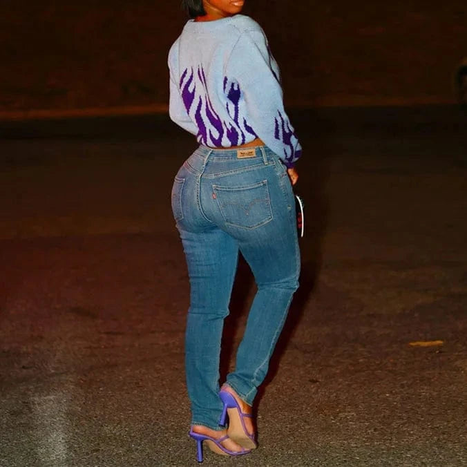 2024 New Design Crop Sweater Jacket Sexy V Neck Knitted Blue Long Sleeve Women Streetwear Sweater Top