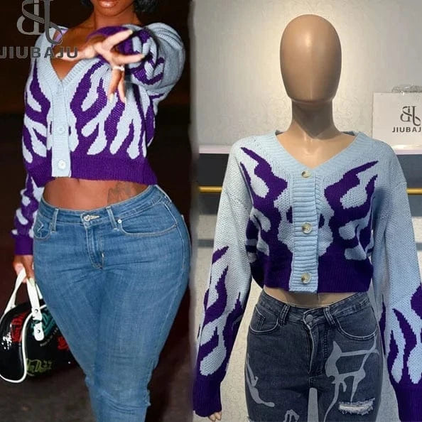 2024 New Design Crop Sweater Jacket Sexy V Neck Knitted Blue Long Sleeve Women Streetwear Sweater Top