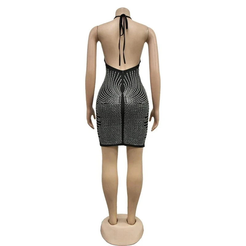 2024 new design elegant halter backless rhinestone beaded crystal mesh sheer sexy short evening red mini dress luxury empire gow