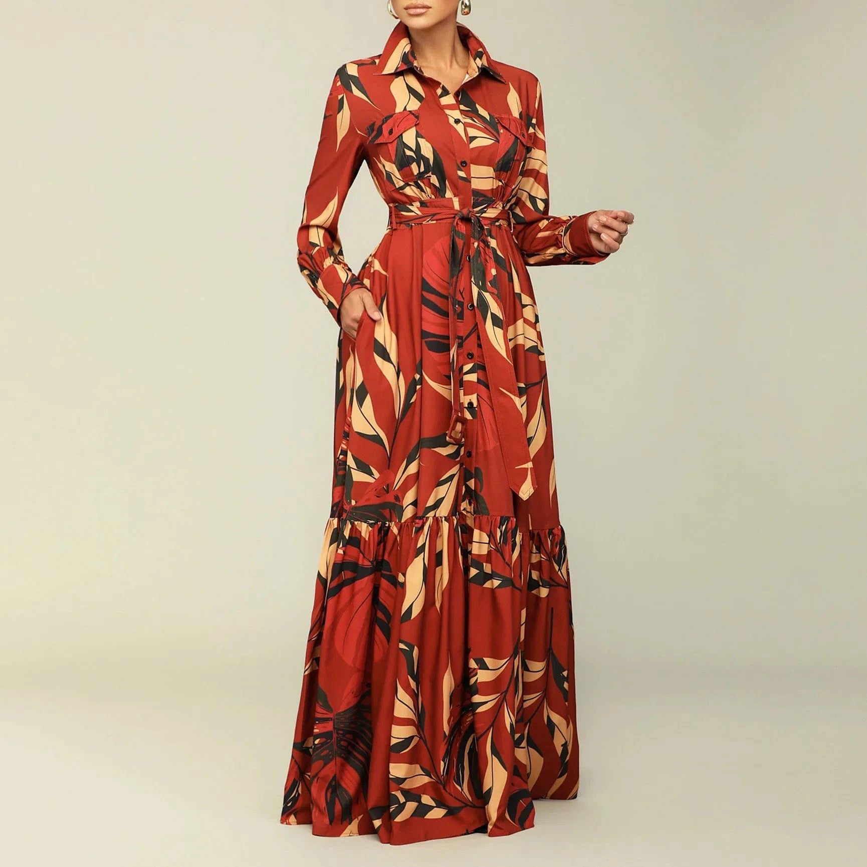 2024 new design fancy floral print sun holiday collar womans fall long sleeve button shirt party muslim maxi dresses for women