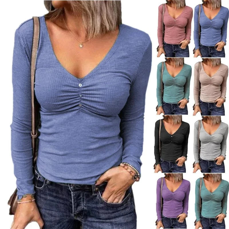 2024 New Design Long Sleeve V Neck Ribbed Knit Crop Top T-Shirts Women