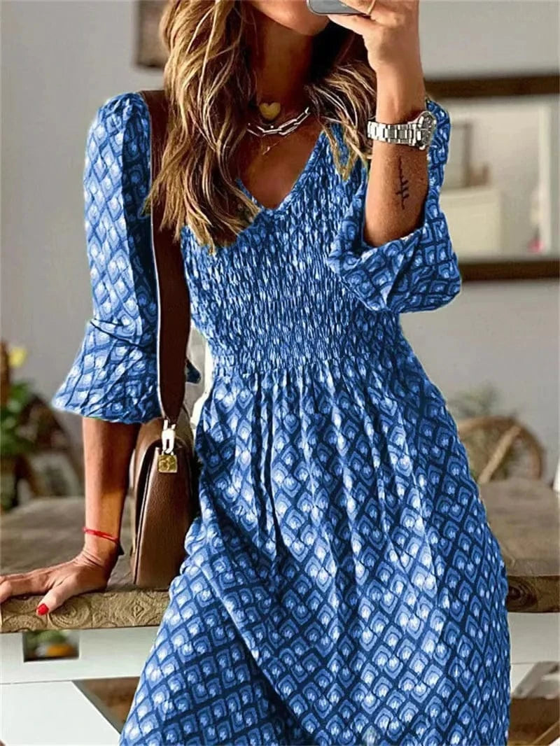 2024 New Design Spring New Fashion Women'S V-Neck Waist-Skimming Floral Print Pendulum Long Dresses