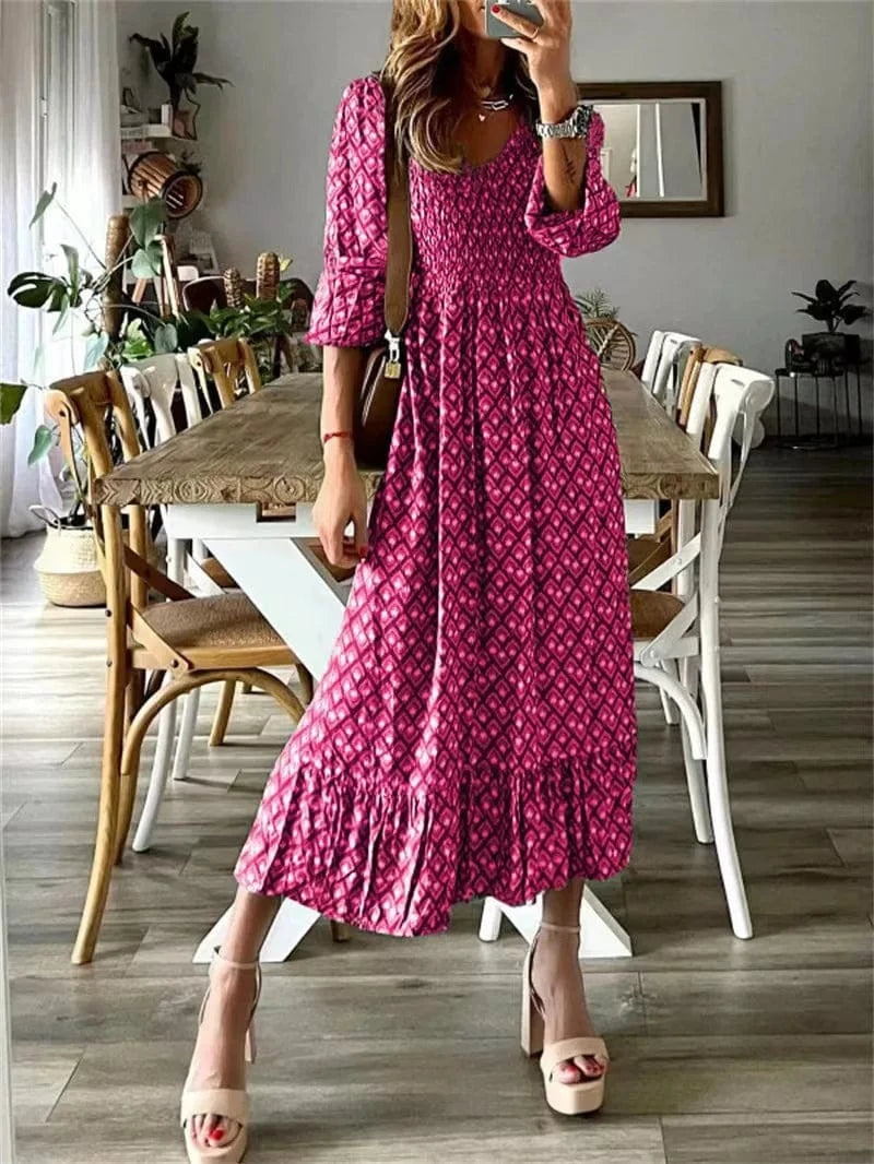 2024 New Design Spring New Fashion Women'S V-Neck Waist-Skimming Floral Print Pendulum Long Dresses