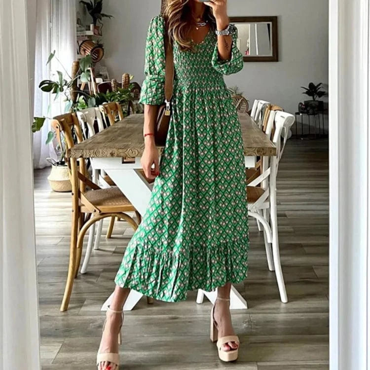 2024 New Design Spring New Fashion Women'S V-Neck Waist-Skimming Floral Print Pendulum Long Dresses