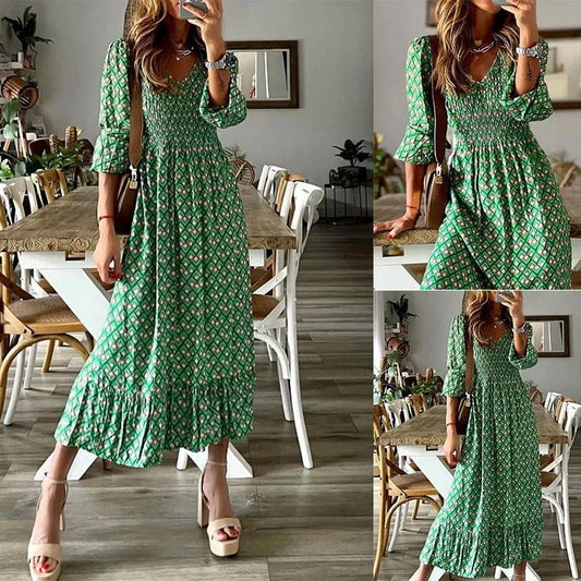 2024 New Design Spring New Fashion Women'S V-Neck Waist-Skimming Floral Print Pendulum Long Dresses
