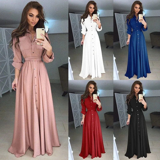 2024 New Design Wish Plus Size Women Slim Button Dress Shirt Long Sleeve Maxi Shirts Dress