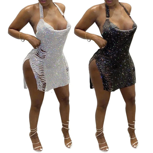 2024 New Design Women Sexy Backless Halter Short Night Club Dress Fashion Ladies Slim Split Club Dresses
