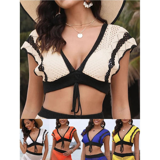 2024 New Design Women  Summer Crochet  V Neck beach cover up Ladies Hollow Swimsuit Swimwear White Bikini Cover Ups knit tops