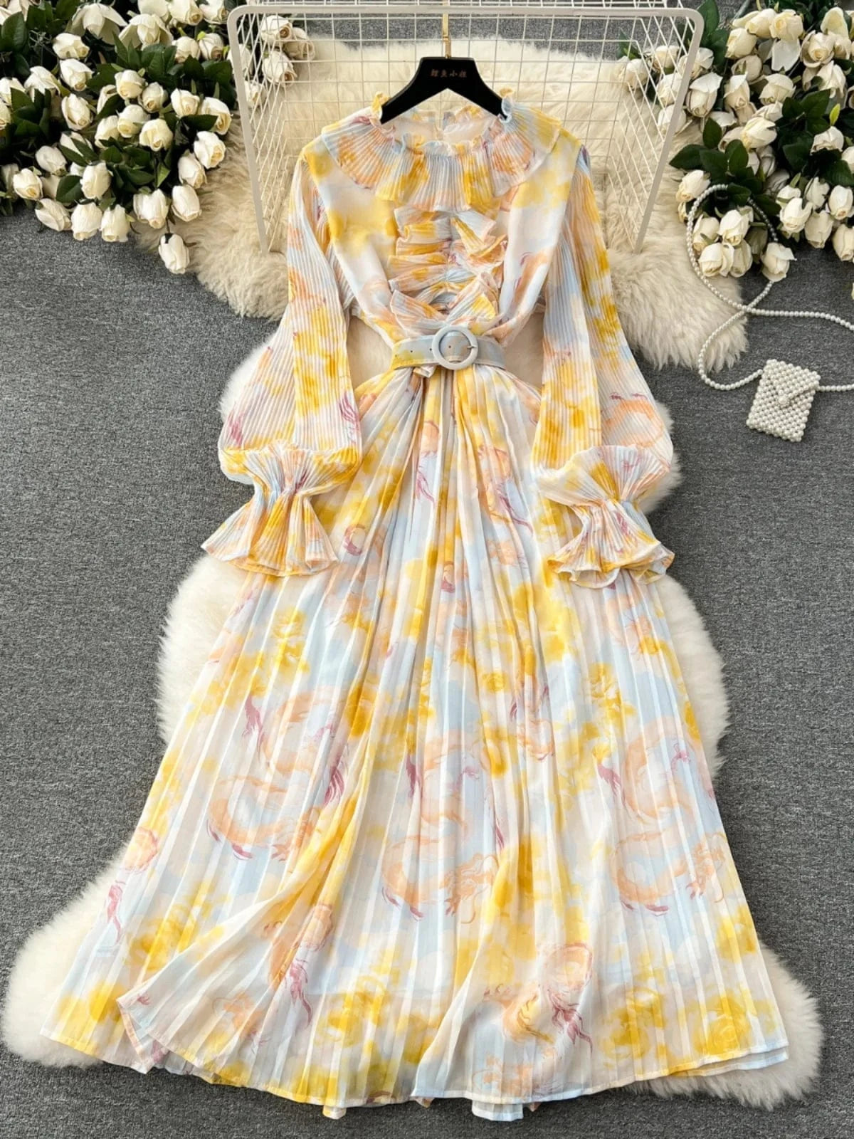 2024 New Dress Women's Sweet Auricularia Ruffle Collar Slim Fit Mid length Printed Chiffon Pleated Skirt