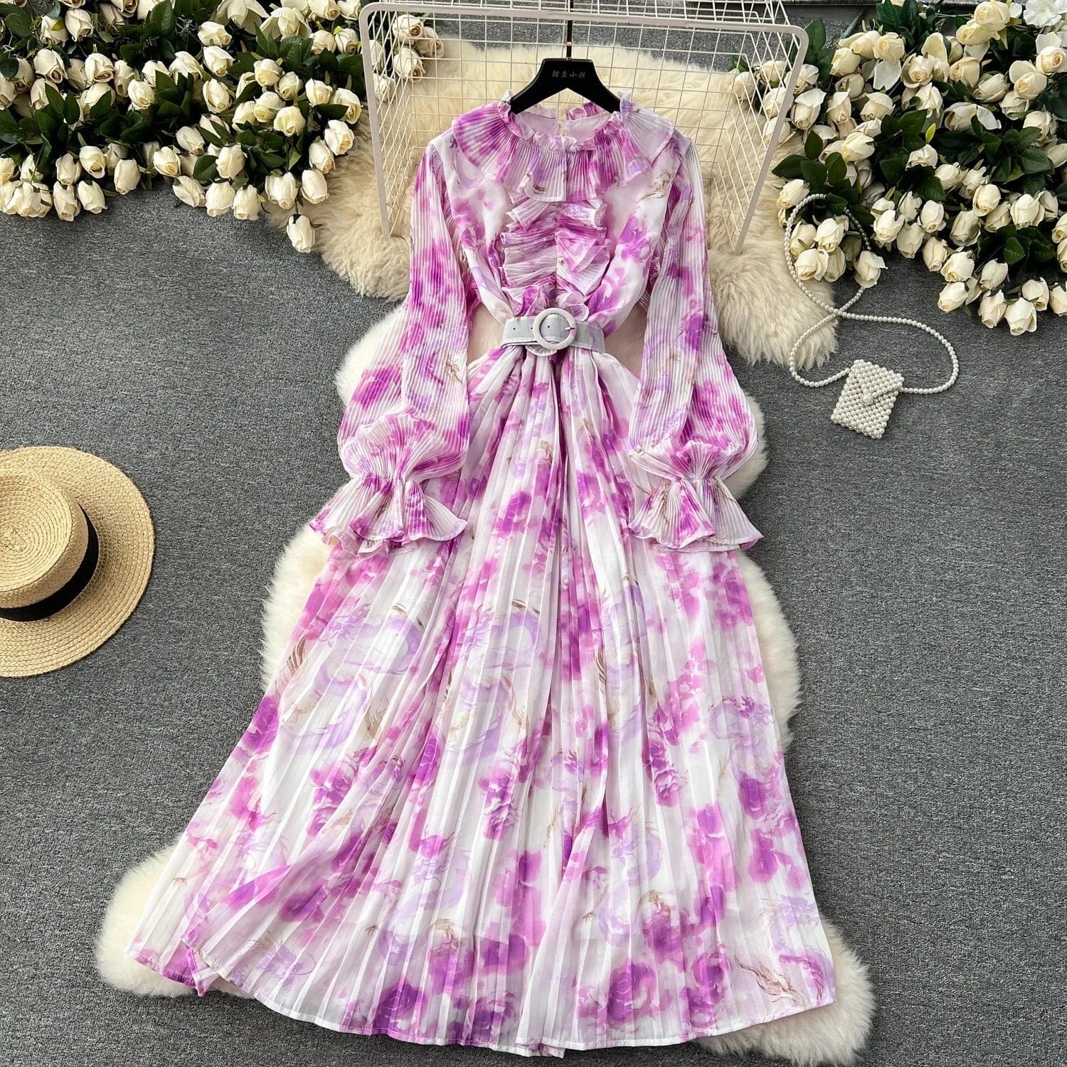 2024 New Dress Women's Sweet Auricularia Ruffle Collar Slim Fit Mid length Printed Chiffon Pleated Skirt