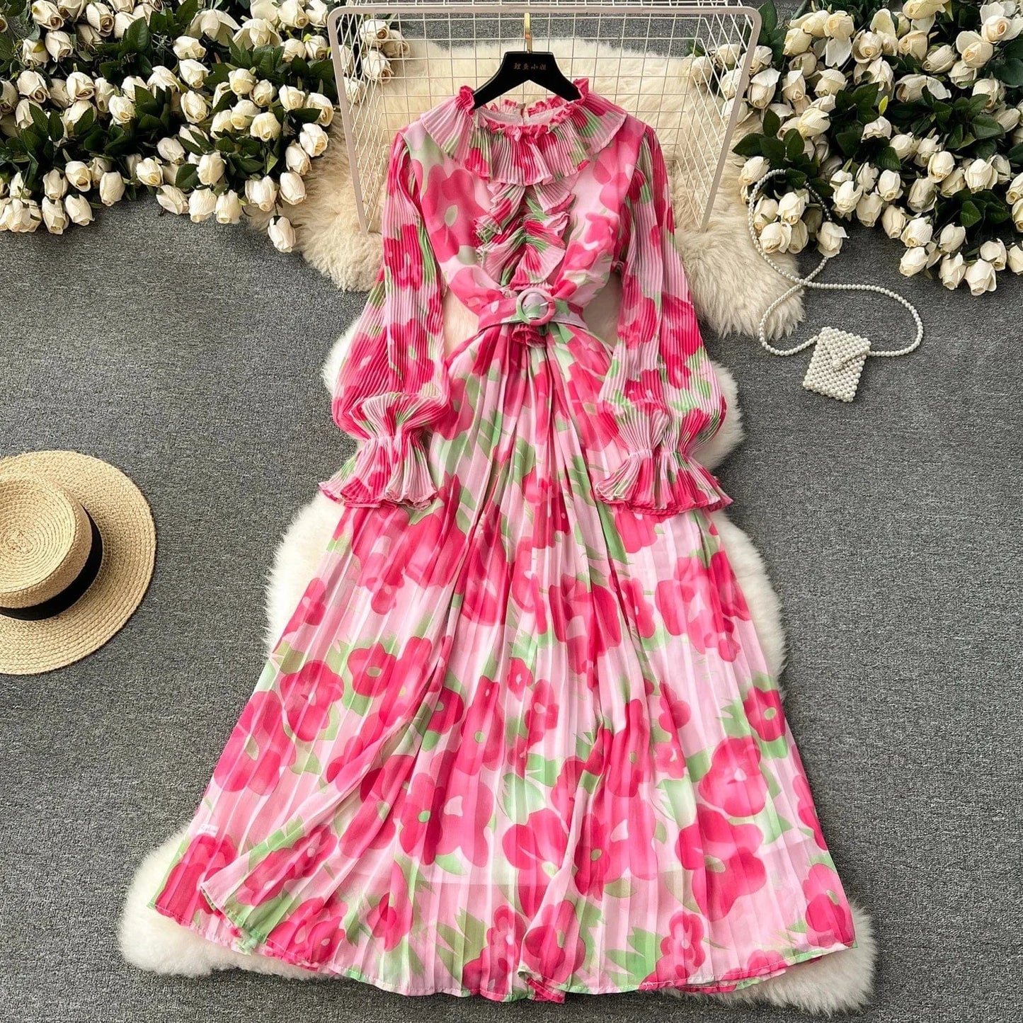 2024 New Dress Women's Sweet Auricularia Ruffle Collar Slim Fit Mid length Printed Chiffon Pleated Skirt